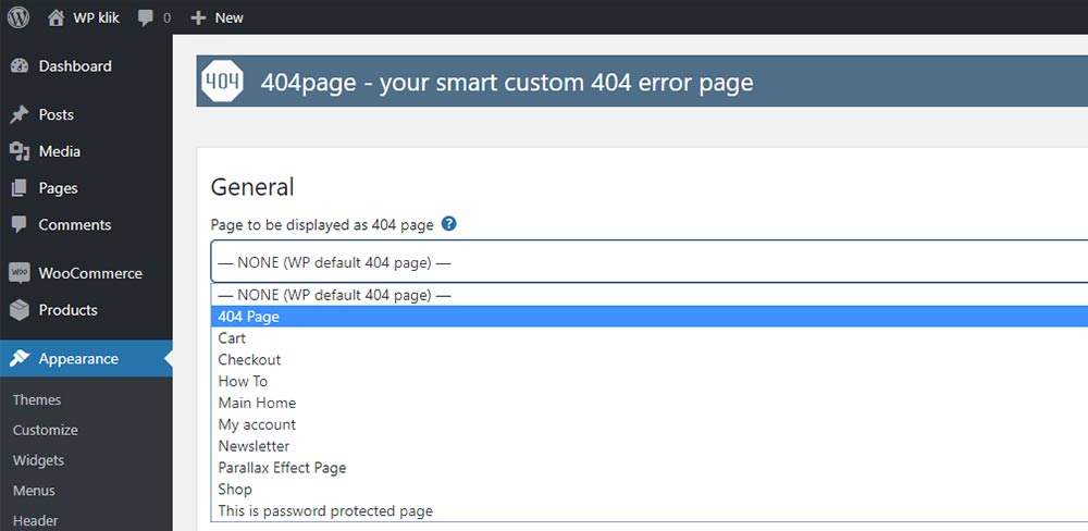 404 Page General Settings