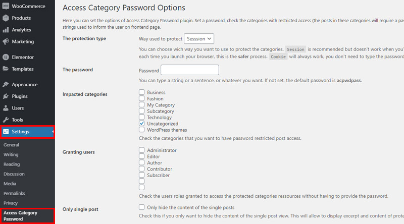 Access Category Password settings