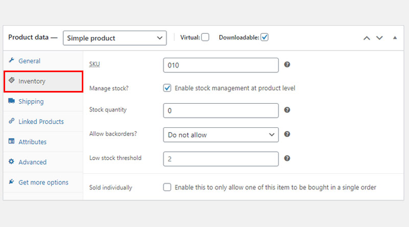 Downloadable product Inventory tab