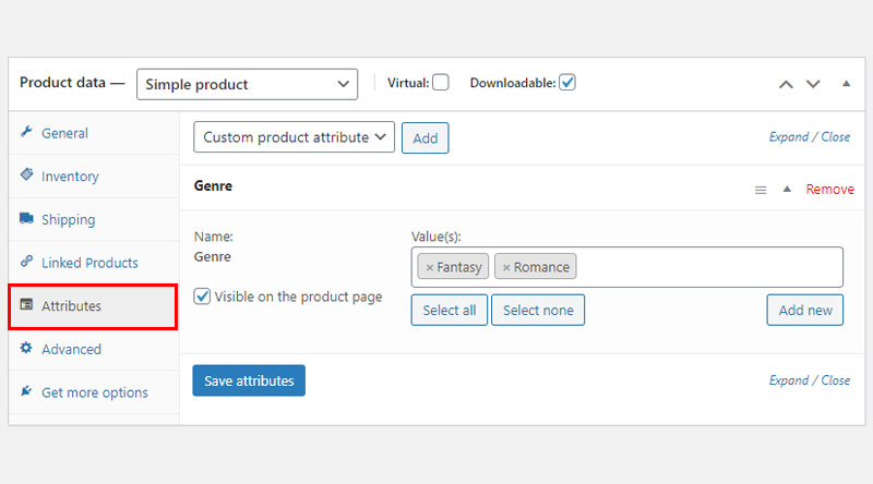 Downloadable product attributes