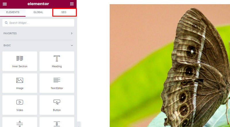 SEO tab in Elementor